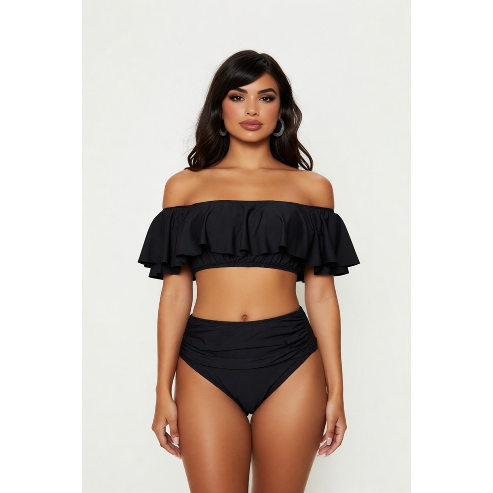 Black Off Shoulder Flounce High Waisted Bikini Set Ruched XXL Resort Vacation